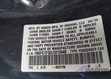 2020 Honda Civic Ex from USA, damaged, VIN 19XFC1F32LE013448